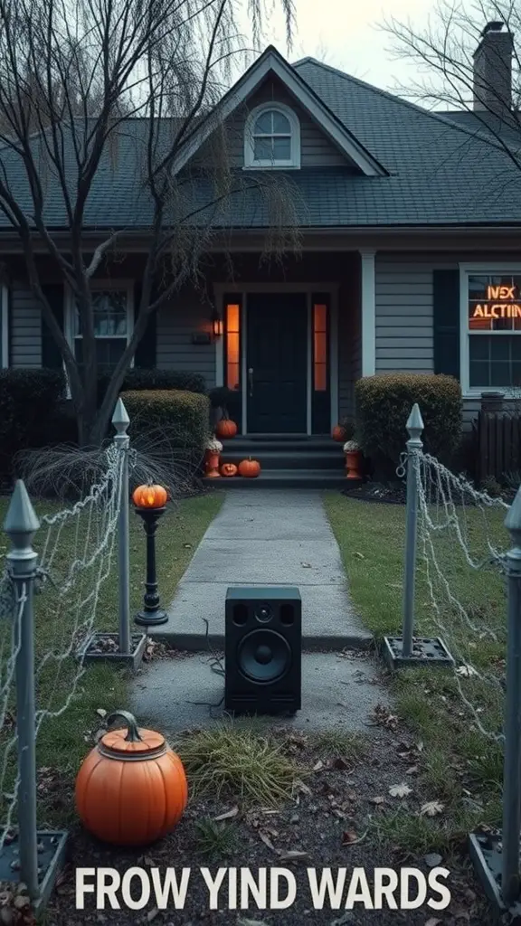 A front yard decorated for Halloween with a speaker and pumpkins.