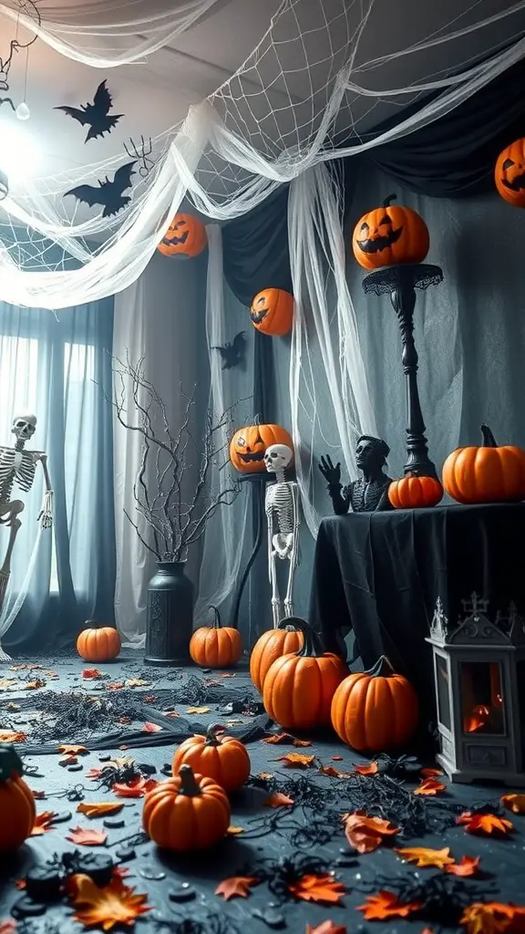 21 Spooktacular Halloween Party Ideas for a Frightfully Fun Celebration 5 A spooky Halloween party decoration featuring pumpkins, skeletons, and cobwebs.