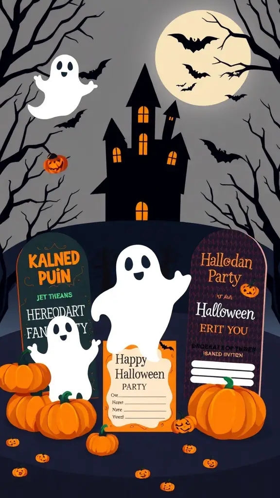 Spooky themed Halloween birthday party invitations with ghosts and pumpkins