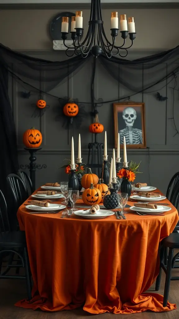 A Halloween-themed dining table with an orange tablecloth, pumpkins, candles, and spooky decorations.