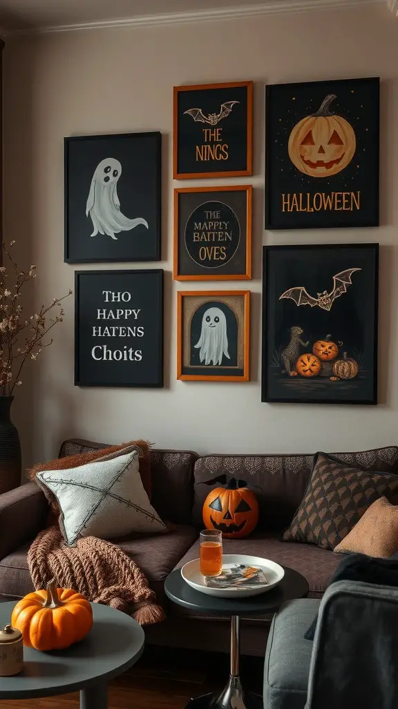 Cozy living room with Halloween-themed wall art and decorations