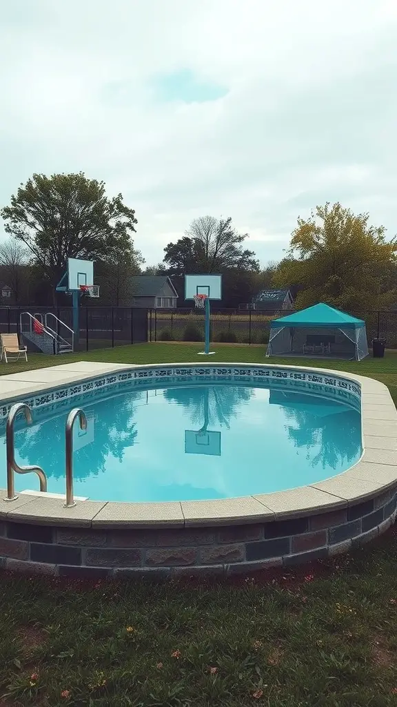 21+ Unique Stock Tank Pool Ideas for Your Backyard Oasis 15 A backyard featuring a stock tank pool and basketball hoops.