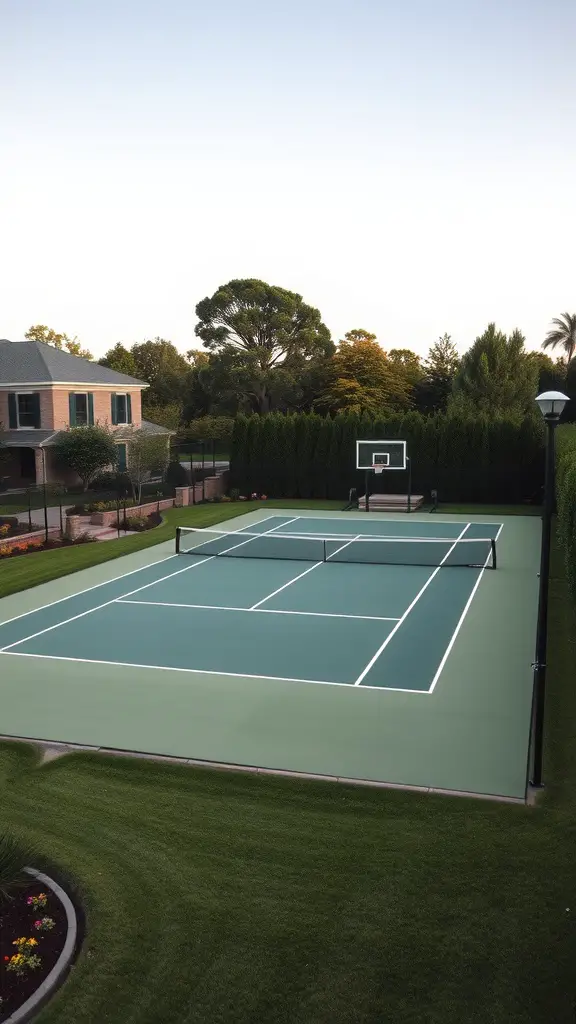 A mansion backyard featuring a tennis court and basketball hoop surrounded by greenery.