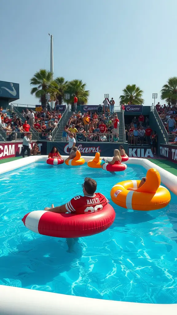 Group of people enjoying an inflatable pool while watching a sports event