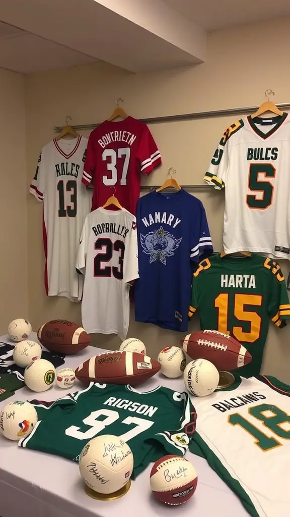 17 Creative Silent Auction Ideas to Boost Your Fundraising Event 16 A display of sports jerseys and signed footballs for a silent auction.