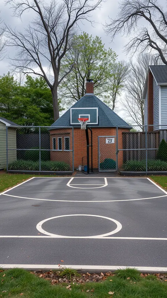23 Amazing Backyard Ideas for Your Bloxburg Home 14 A backyard basketball court with a hoop and markings, surrounded by a fence and a small building.