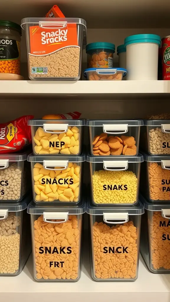 19 Affordable Dollar Tree Kitchen Organization Ideas You Need to Try 13 Stackable bins filled with various snacks, neatly organized on a shelf.
