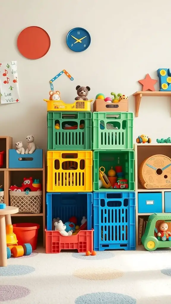 19 Creative DIY Storage Box Ideas You Need to Try 9 Colorful stackable milk crates filled with toys in a playful room setting.