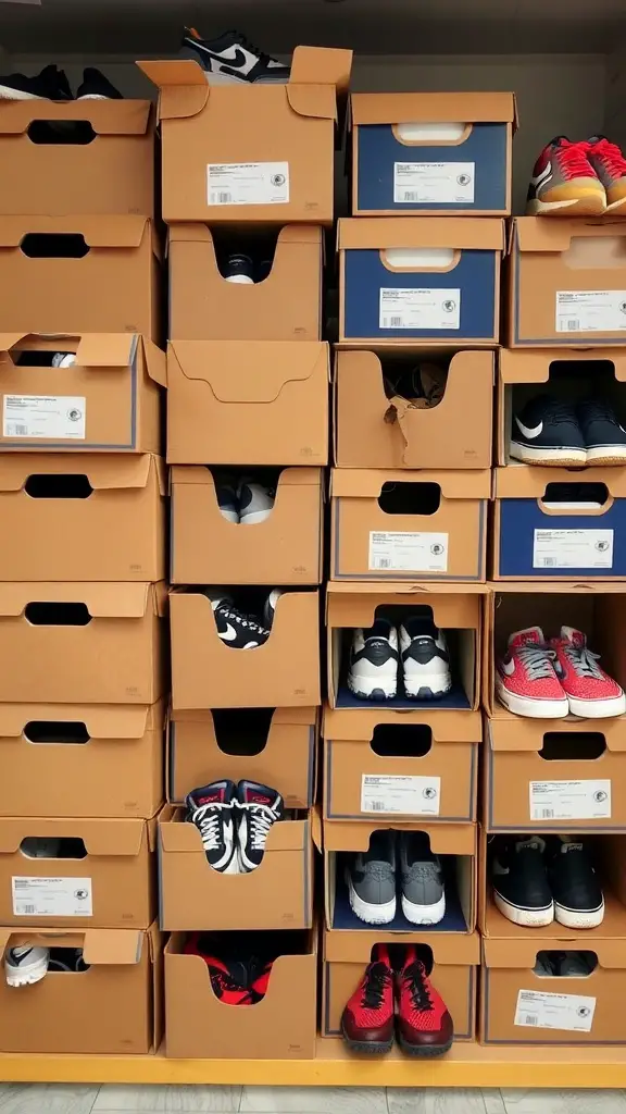 A stack of organized shoe boxes displaying various pairs of shoes inside.