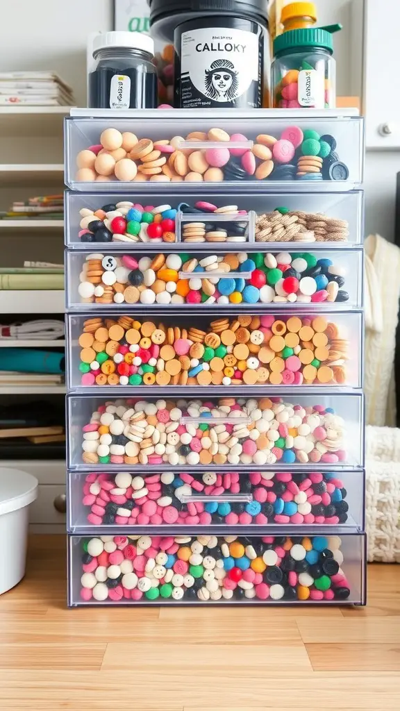 Stackable storage drawers filled with colorful small craft items like buttons and beads.