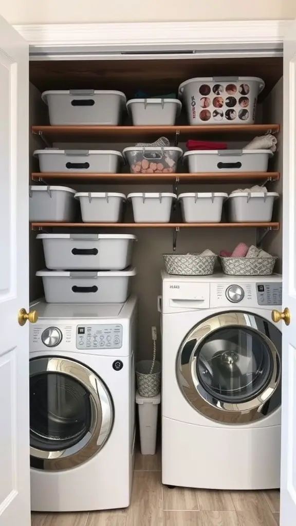 23 Creative Laundry Room Storage Ideas You Need to Try 16 Organized laundry room with stackable storage bins on shelves above washing machine and dryer.
