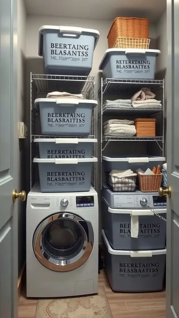 23+Creative Laundry Room Storage Ideas You Need to Try 16 A well-organized laundry room with stackable storage bins and a washer and dryer.