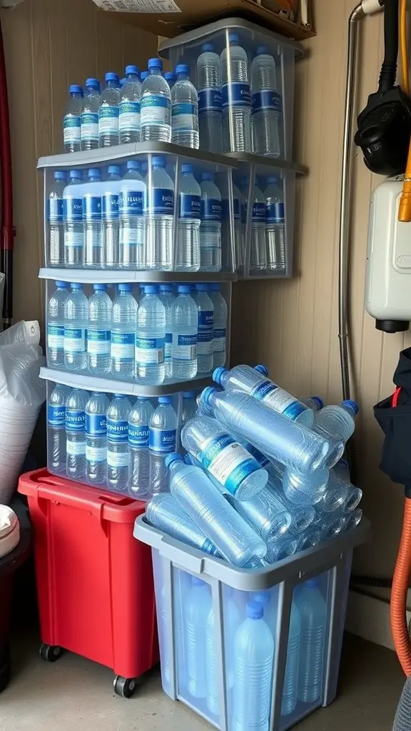 15+ Creative Ways to Store Your Water Bottles 11 A stack of clear bins filled with water bottles, with a red bin at the bottom.