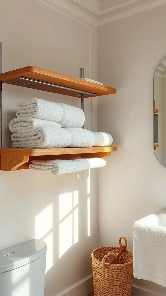 Neatly stacked white towels on wooden shelves in a bathroom setting.