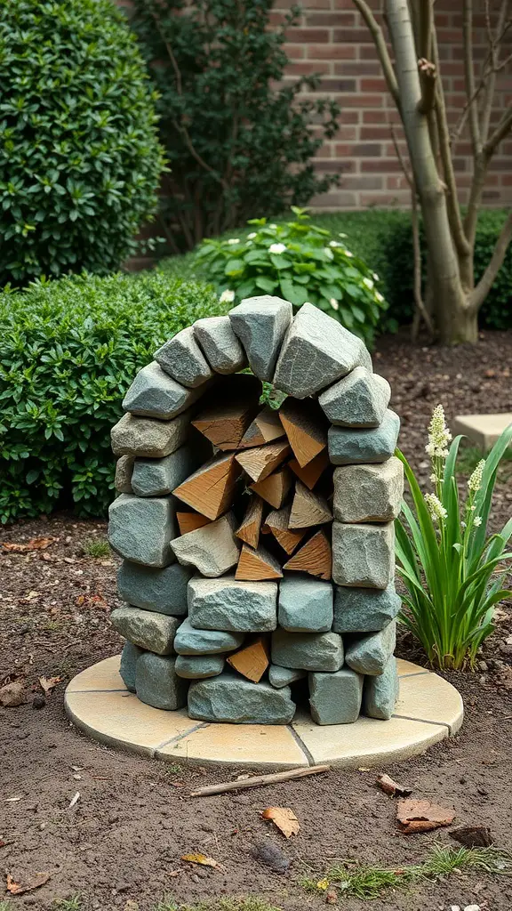 19 Creative Outdoor Firewood Storage Ideas You'll Love 16 A stacked stone firewood holder with firewood inside, surrounded by greenery.