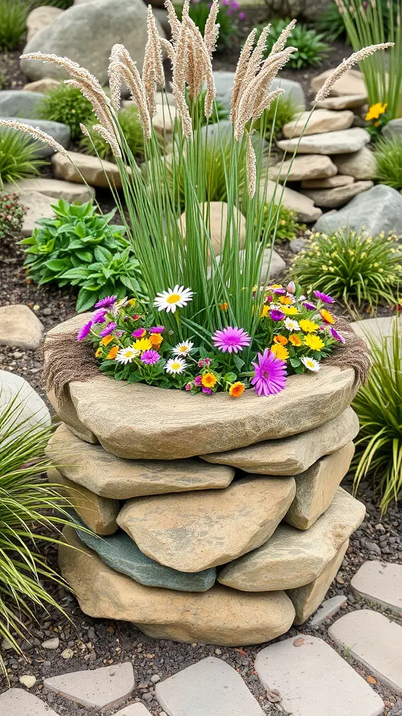21 Gorgeous Fall Planters to Brighten Your Garden 6 A stacked stone planter filled with colorful flowers and tall grasses, surrounded by greenery and stones.