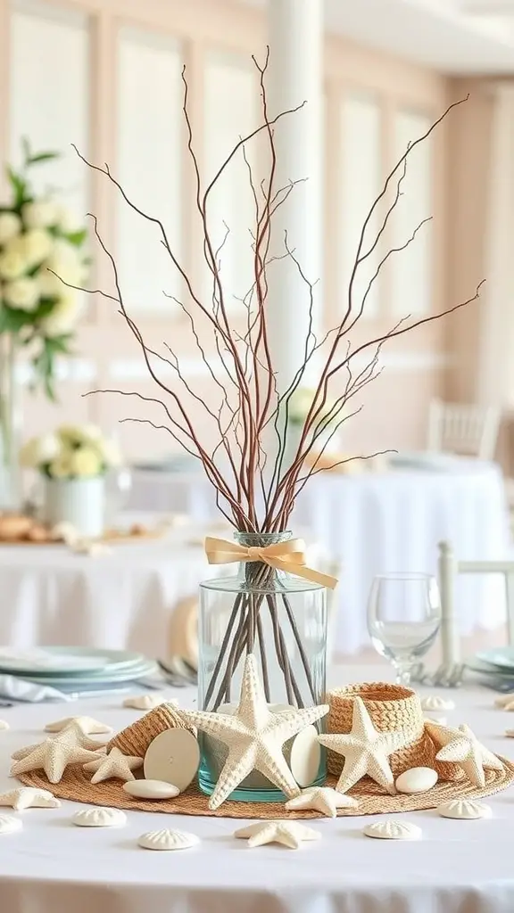 21 Coastal Baby Shower Theme Ideas You’ll Love 14 Table centerpiece featuring starfish and sand dollars with branches in a vase, creating a coastal theme.