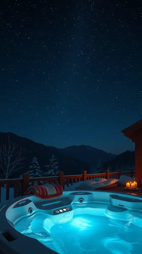 21 Amazing Hot Tub Backyard Ideas for Your Outdoor Oasis 10 A hot tub under a starry night sky with mountains in the background