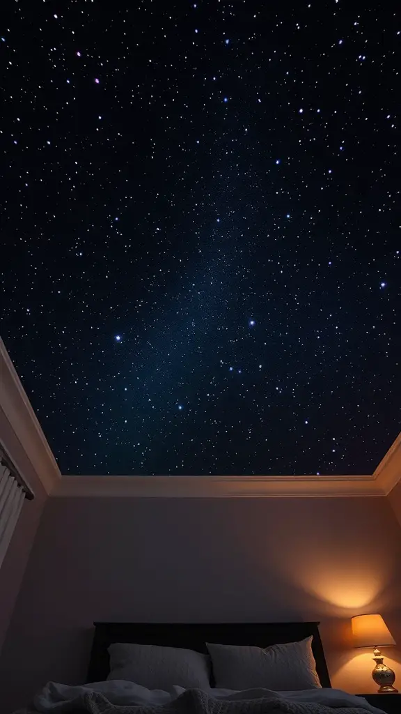 A ceiling decorated with a starry night sky, viewed from a cozy bed with a lamp beside it.