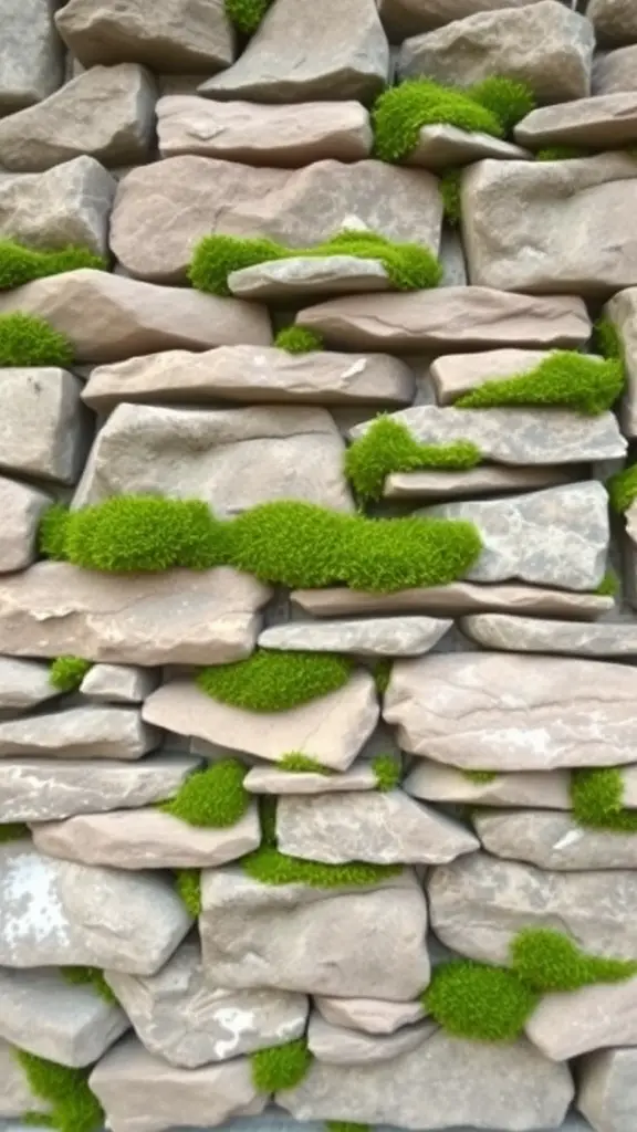 19 Creative Garden Wall Ideas to Transform Your Outdoor Space 2 A garden wall made of stones with vibrant green moss growing in between.