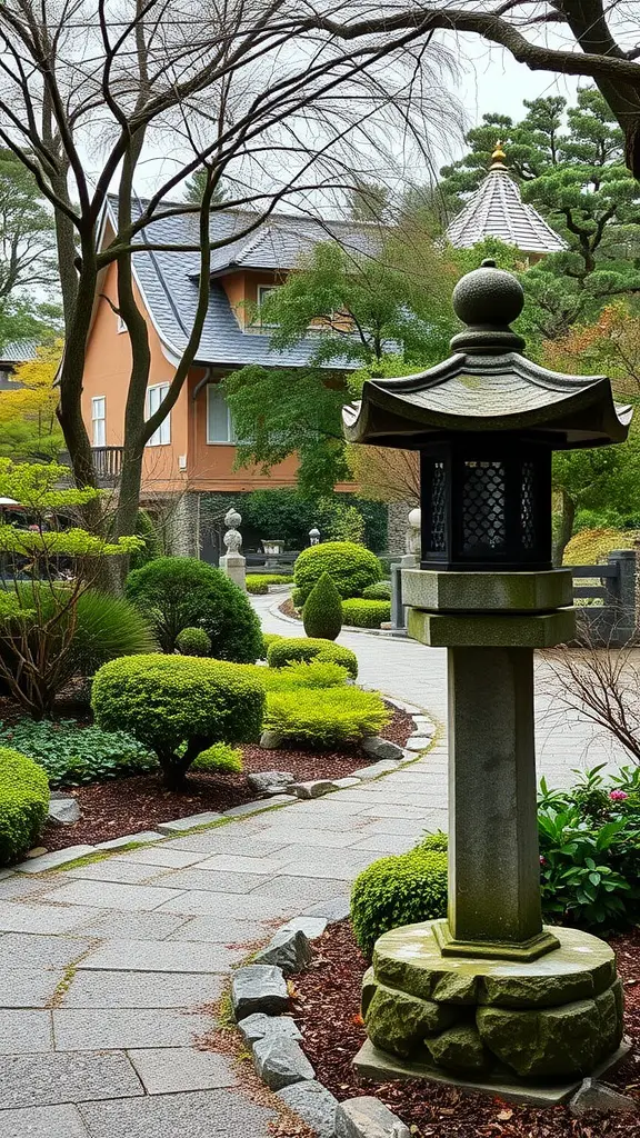 21 Inspiring Japanese Garden Ideas You’ll Love 5 A stone lantern beside a winding pathway in a Japanese garden, surrounded by greenery.