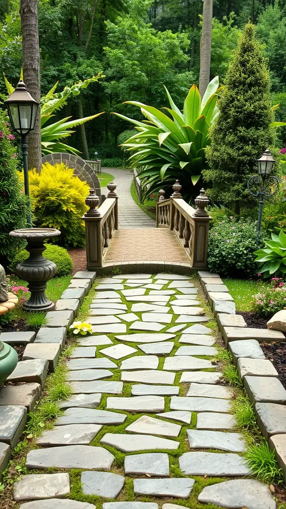 21 Inspiring Japanese Garden Ideas You’ll Love 11 A stone path leading to a bridge in a lush garden, surrounded by greenery and flowers.