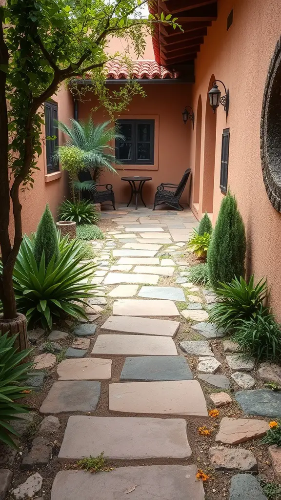 21 Stunning Mexican Patio Hacienda Style Ideas for Your Outdoor Space 14 A stone pathway leading through a Mexican hacienda-style patio, surrounded by greenery and warm-colored walls.