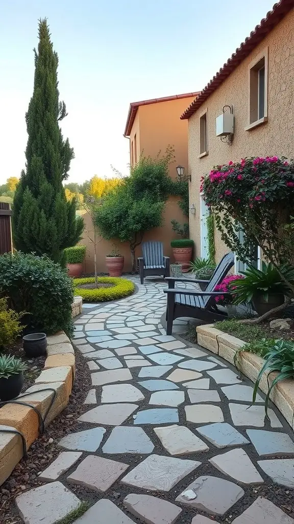 19 Stunning Mediterranean Garden Ideas You’ll Love 10 A stone pathway in a Mediterranean garden leading to seating areas surrounded by plants and flowers.