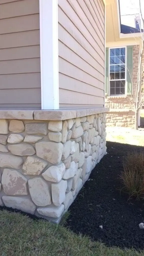 19 Creative House Skirting Ideas to Transform Your Home 5 A house with stone veneer skirting, featuring light-colored stones at the base and smooth siding above.