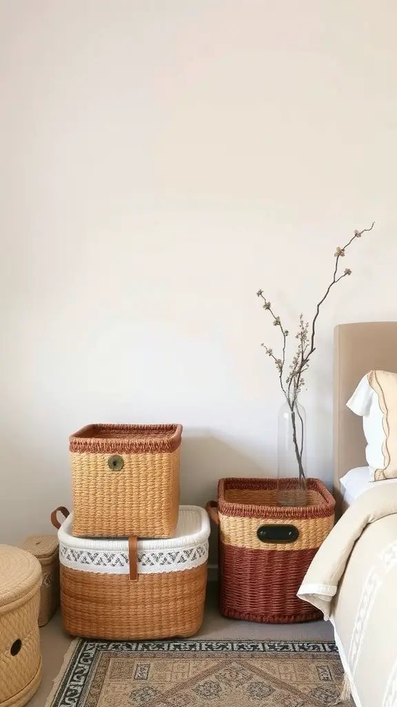 15 Creative Bedroom Storage Ideas for a Clutter-Free Space 4 A collection of woven storage baskets in warm tones, arranged in a cozy bedroom setting.