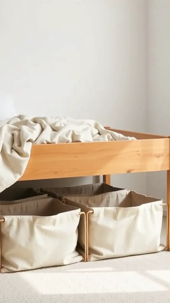 25+Creative Bed Frame with Storage Ideas You’ll Love 13 A stylish bed frame with beige fabric storage bins underneath