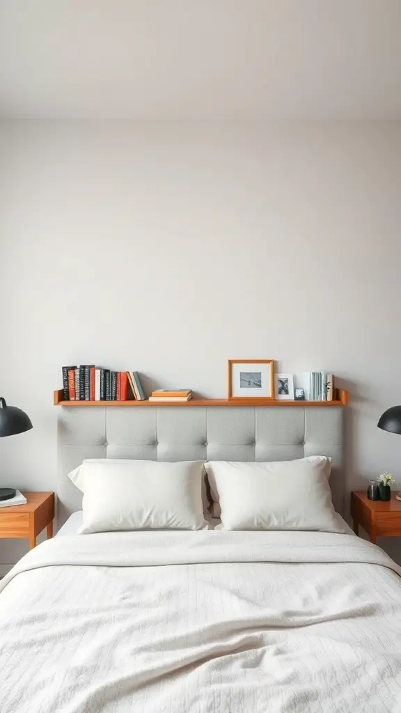 15 Creative Bedroom Storage Ideas for a Clutter-Free Space 12 Cozy bedroom featuring a storage bed with a tufted headboard and shelves above it, displaying books and decorative items.