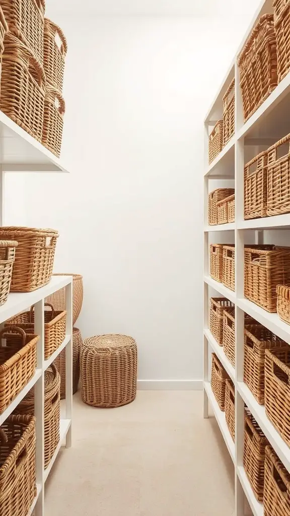 19+ Creative No Closet Solutions for Every Space 4 A well-organized storage area with woven baskets on shelves.