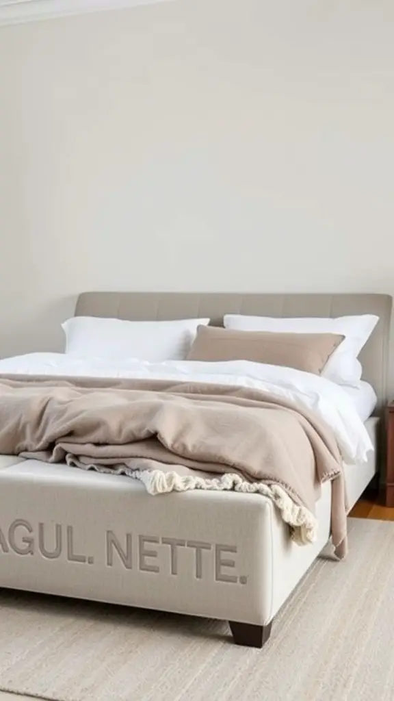 25+Creative Bed Frame with Storage Ideas You’ll Love 6 A stylish storage ottoman bed frame with a neutral color scheme, featuring a cozy blanket and pillows.