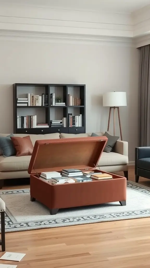 23 Creative Book Storage Ideas for Every Home 7 A cozy living room featuring a storage ottoman with books inside, a sofa, and a bookshelf.
