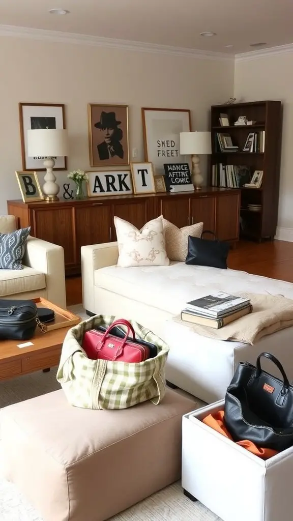 A stylish living room with storage ottomans holding bags, showcasing a tidy and organized space.