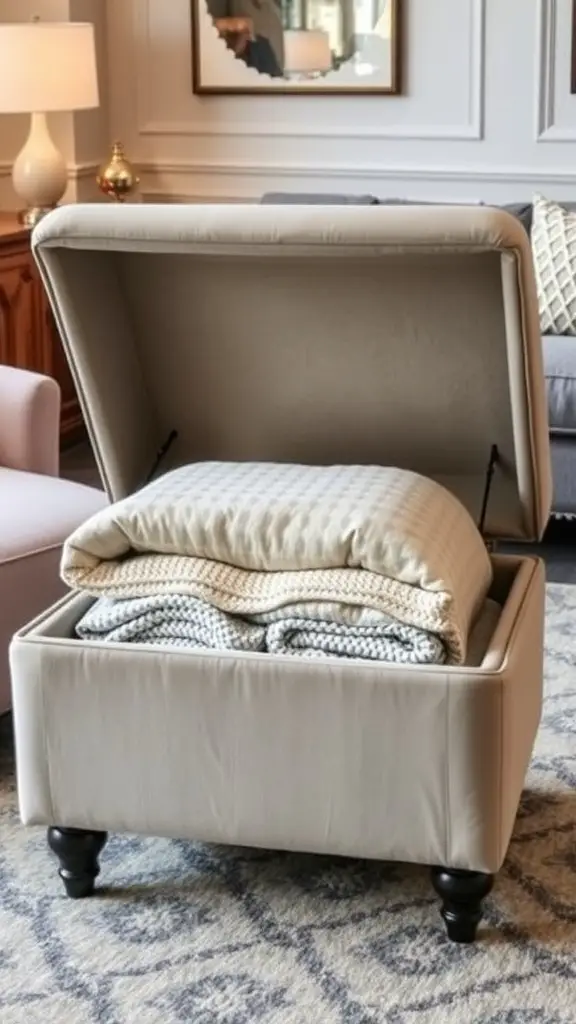 A storage ottoman with blankets inside, showcasing a cozy and stylish living room setup.