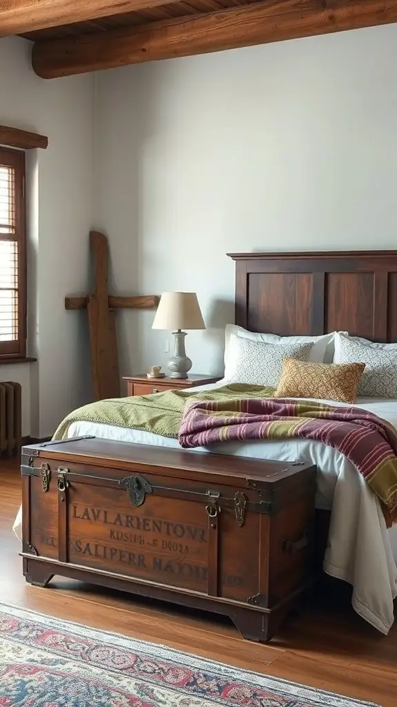 15 Creative Bedroom Storage Ideas for a Clutter-Free Space 16 A wooden storage trunk at the foot of a bed in a cozy bedroom setting.