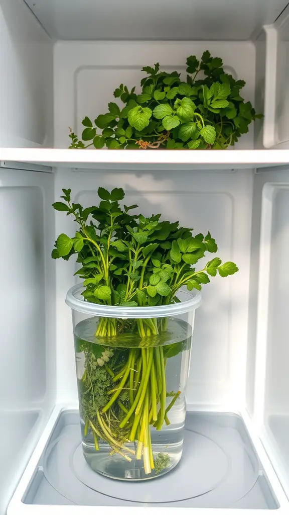 A fridge with fresh herbs stored in water and loose greens on a shelf.