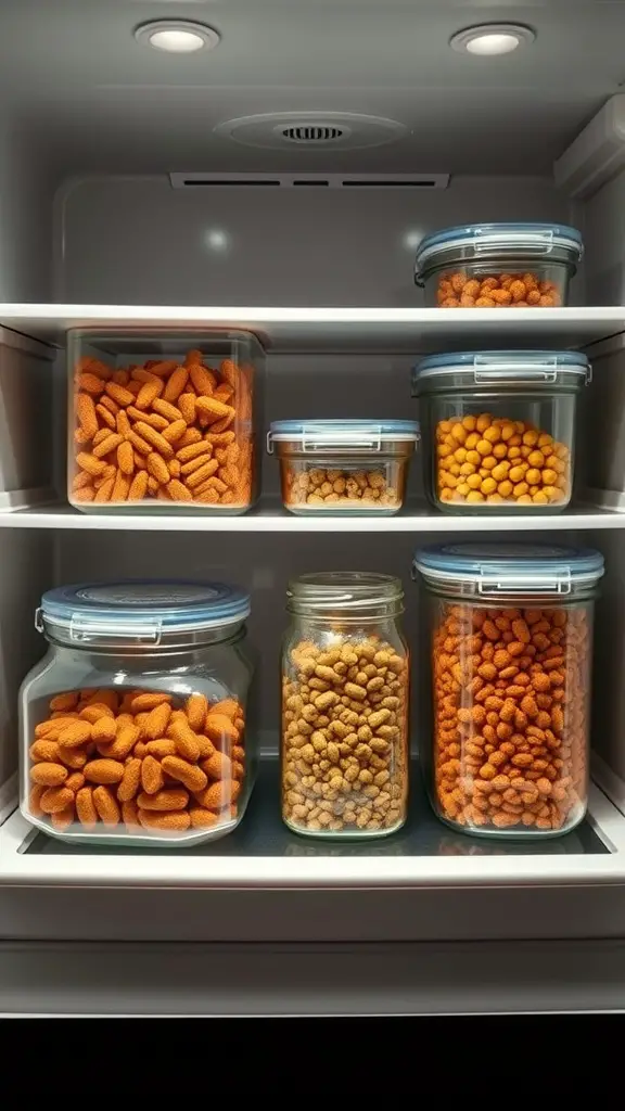 19+Essential Dog Food Storage Solutions You Need 17 A fridge with organized containers of homemade dog food, showcasing different types of food in clear jars.