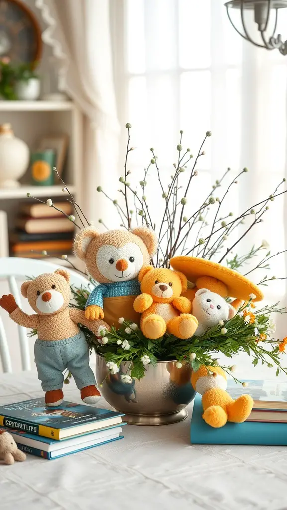 21 Adorable Baby Shower Table Centerpieces for Your Celebration 16 A charming baby shower centerpiece featuring plush toys and greenery in a silver pot, with books underneath.