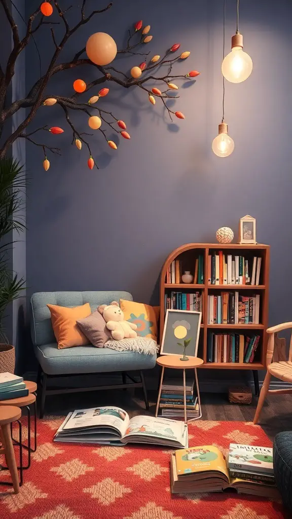 23 Creative Baby Shower Ideas for October Celebrations 13 A cozy Storybook Corner with a blue wall, a bookshelf filled with children's books, a comfortable couch, and a whimsical tree decoration.