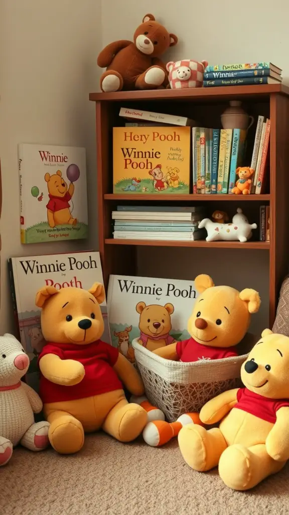 19 Adorable Winnie the Pooh Baby Shower Decoration Ideas 14 A cozy Storybook Display Corner featuring Winnie the Pooh books and plush toys.