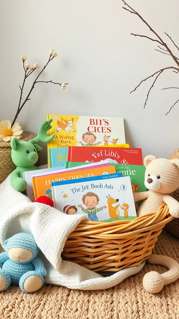 21 Thoughtful Baby Shower Basket Gift Ideas 16 A cozy storytime basket filled with children's books and plush toys, perfect for baby showers.