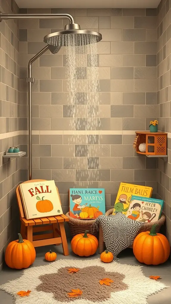 17 Creative Baby Shower Ideas for a September Celebration 17 A cozy storytime corner with books and pumpkins, perfect for kids at a baby shower.