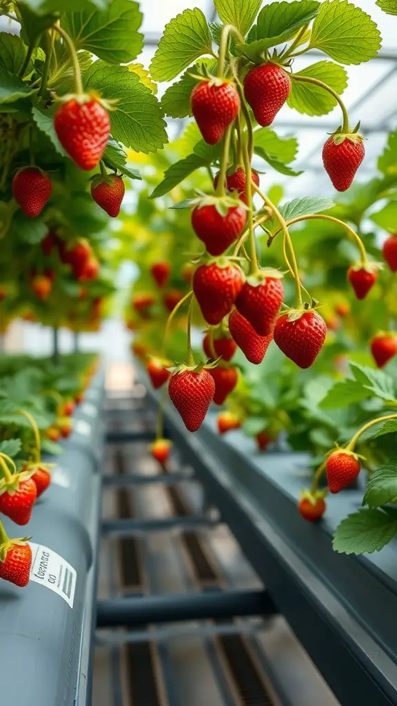 17 Innovative Hydroponic Gardening Ideas You Need to Try 4 Hydroponically grown strawberries hanging from plants in a greenhouse.