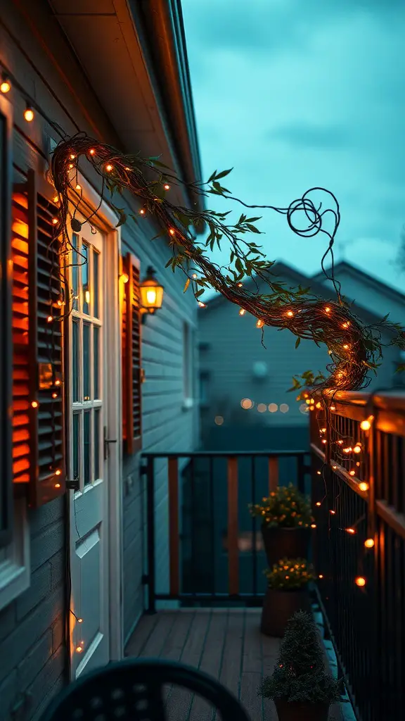 23 Creative Small Balcony Decor Ideas You Need to Try 5 A small balcony decorated with string lights and plants, creating a cozy atmosphere.