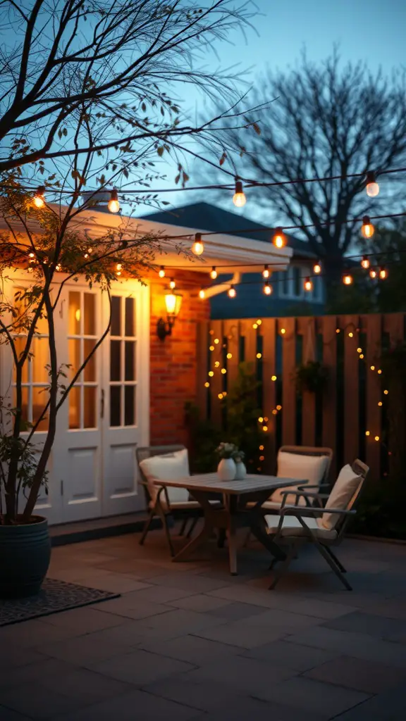 17 Creative Small Apartment Patio Ideas You’ll Love 2 A cozy small apartment patio with string lights illuminating a seating area.