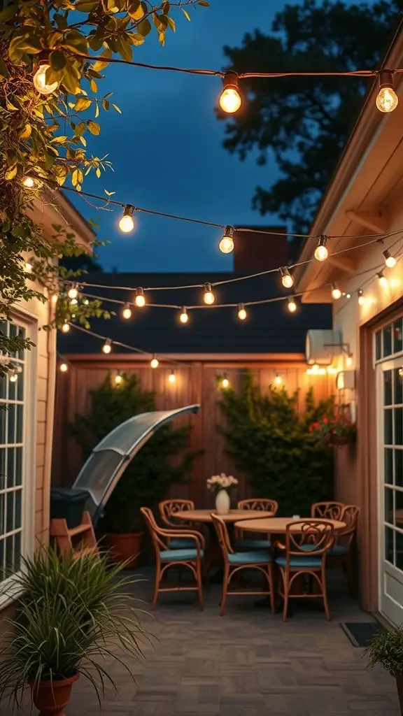 29 Creative Small Patio Decorating Ideas You’ll Love 5 A small patio with string lights illuminating the space, creating a cozy atmosphere.