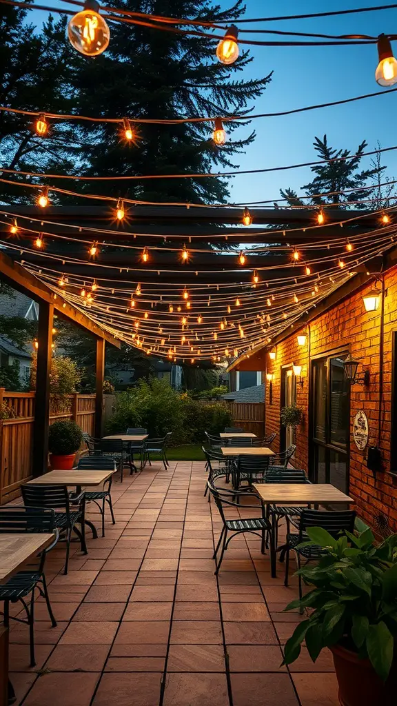 15 Charming Small Outdoor Patio Ideas for a Cozy Retreat 5 A cozy outdoor patio with string lights overhead, creating a warm and inviting atmosphere.